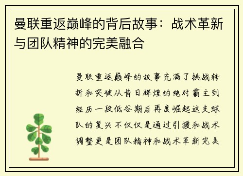 曼联重返巅峰的背后故事：战术革新与团队精神的完美融合