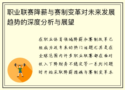 职业联赛降薪与赛制变革对未来发展趋势的深度分析与展望 职业联赛降薪与赛制变革对未来发展趋势的深度分析与展望