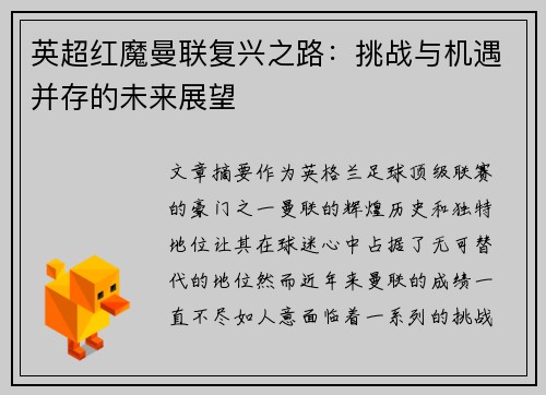 英超红魔曼联复兴之路：挑战与机遇并存的未来展望