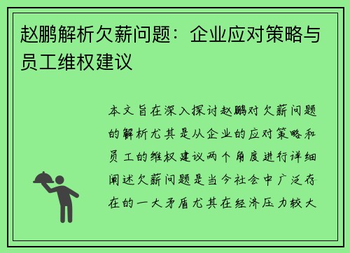 赵鹏解析欠薪问题:企业应对策略与员工维权建议 赵鹏解析欠薪问题:企业应对策略与员工维权建议