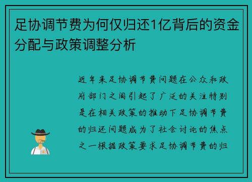 足协调节费为何仅归还1亿背后的资金分配与政策调整分析